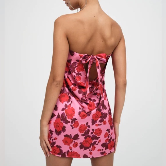 For Love and Lemons Huda Mini Dress Rose Print Strapless Satin with Puff Sleeves - Picture 9 of 12